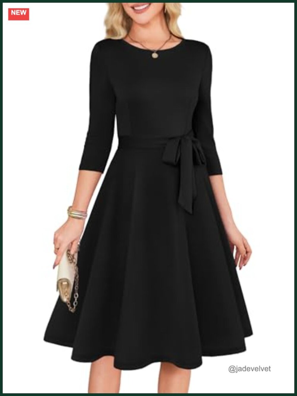 Women's 3/4 Sleeve Cocktail Dress with Belt A-Line Vintage Formal Midi